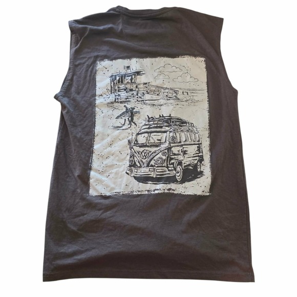 Volkswagen Road Trip T-Shirt Sleeveless Original Bus Beach Surfing Gray Medium